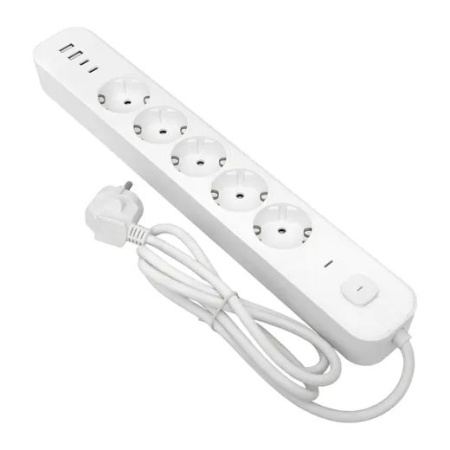 Удлинитель 5-мест 5м ПВС 3*1,5 белый выкл EKF  2USB 2,4А+2USBtype-С